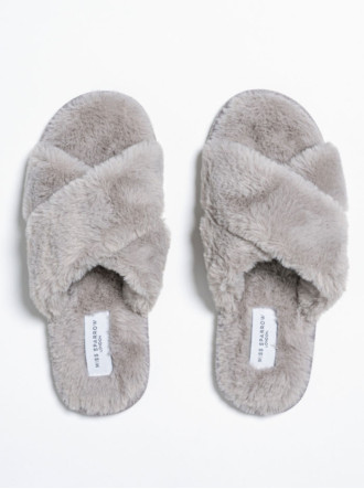 Faux Fur Cross Over Slippers - Grey